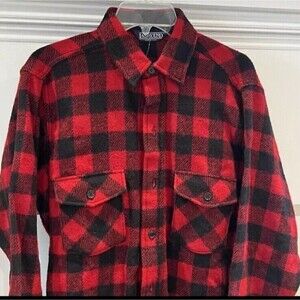 Vtg Lands End Wool Flannel Shirt Buffalo Red/Black Plaid Men’s Sz M Flap Pocket